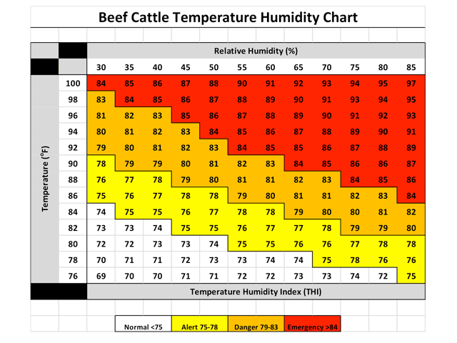 Cattle producers can determine the risk of heat stress handling by referring to the Beef Cattle Temperature Humidity Chart. (Chart courtesy of Rob Eirich, UNL Extension)